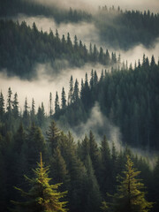 Vintage retro-style depiction of a mist-covered fir forest landscape.