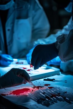 A group of people, including a forensic team, collaborating on revealing hidden trace evidence by using luminol and enhancing the details of a piece of art