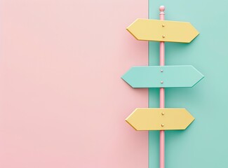 Digital illustration rendering of colorful arrow signs on a pole. Minimalist and simple arrow signs on neutral background.