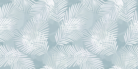 Palm Leaves Pattern. Watercolor tropic leaves seamless vector background, jungle print light blue texture