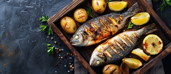 Image of grilled fish and potatoes, presented on a wooden tray, captured from above with a horizontal orientation, featuring space for text.