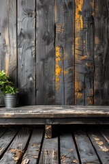 A wooden bench with a potted plant on it in front of an old wood wall, AI