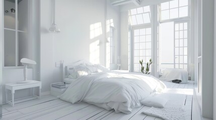 Modern white bedroom interior design with sunlight entering the room. 3D illustration