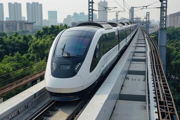 Naklejka premium A white modern electric train is smoothly traveling down train tracks surrounded by a forest. The train glides effortlessly as it passes through the scenic landscape