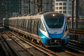A modern electric train in blue and white colors smoothly gliding along the train tracks, moving towards its destination with precision and efficiency