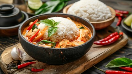 Spicy red curry on bowl and curry paste with jasmine rice on wooden cutting board rounded thai...