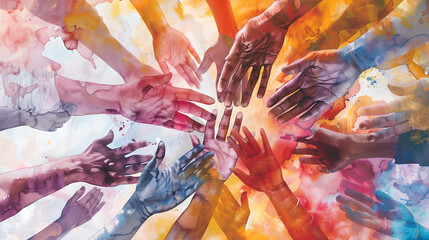 Watercolor diverse hands coming together in the center, symbolizing unity and cooperation, bursting with vibrant colors.
