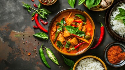 spicy thai curry with pork meat serving with rice and decorating with herbal vegetable ingredients like chili and eggplant on rustic background - Thai food