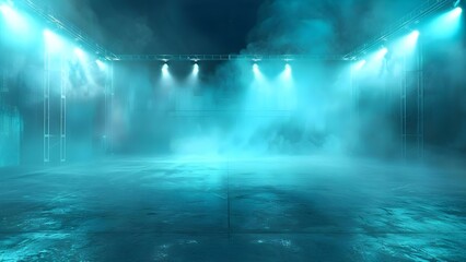 Neon spotlights shine in a smoky stadium arena with a concrete floor. Concept Concert Photography, Stage Lighting, Atmospheric Effects, Music Festival, Urban Aesthetics
