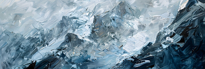 Obraz premium A bird's-eye view of a glacier with deep crevices and snow-capped mountains, capturing the vastness and isolation of the icy landscape