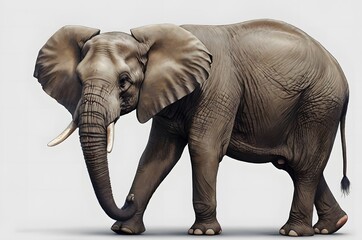 Obraz premium A huge elephant with tusks on a white background. E for elephant.