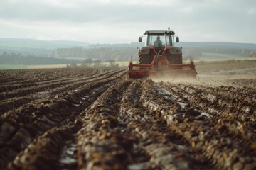 A tractor is actively plowing a field under the bright midday sun. The tractors machinery is churning up the soil as it moves forward in straight rows