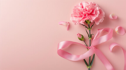 elegant pink carnation flower with ribbon on soft pink background for greeting card design, with copy space for text