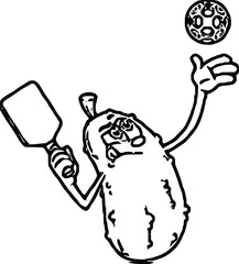 Cute Pickle Cartoon Character with A Thumb Up And Holding Pickleball Ball. Hand Drawn Vector Illustration Isolated On Transparent Background