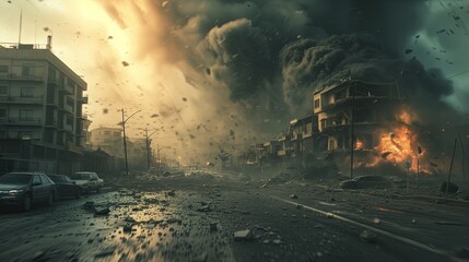 Earthquake Natural Disaster Scenario Concept, Emergency Preparedness Backdrop, City Street Damage, Building Structural Collapse, Urban Smoke and Fire