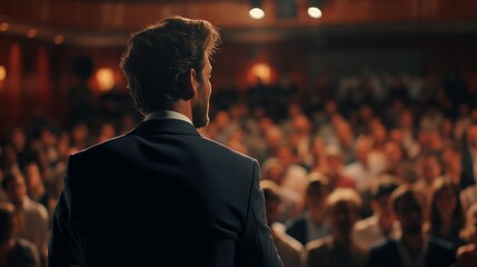 A confident businessman delivering a keynote address to a captivated audience at a conference. - obrazy, fototapety, plakaty