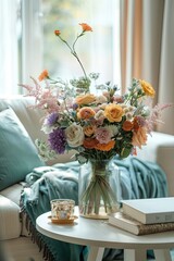 Beautiful flowers in a vase. It is a part of the interior and complements the general image of the room.