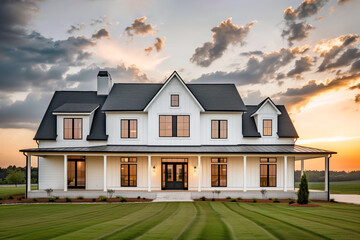 A black and white luxury modern farmhouse with home board and batten siding, a covered front porch, and a sunset in the background.