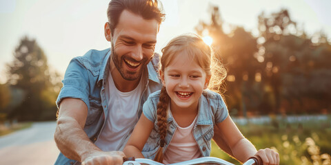 Happy dad and kid girl riding on bike on natural background with copy space. Father and daughter, father's day, family leisure time.