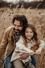 Obraz premium Happy dad and kid girl riding on bike on natural background with copy space. Father and daughter, father's day, family leisure time.
