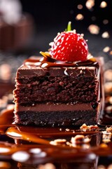 Decadent chocolate cake adorned with fresh strawberries, crunchy nuts, elegantly presented on plate. For restaurant websites, cafe, bakery menus, food blogs, magazines, food, home baking inspiration.