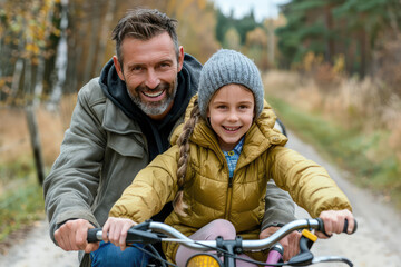 Fototapeta premium Happy dad and kid girl riding on bike on natural background with copy space. Father and daughter, father's day, family leisure time.