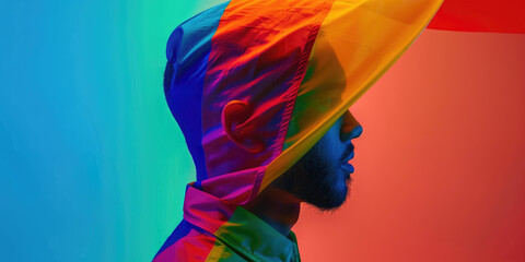 Portrait of young well groomed man and lgbt flag rainbow colors on simple background with copy space. 