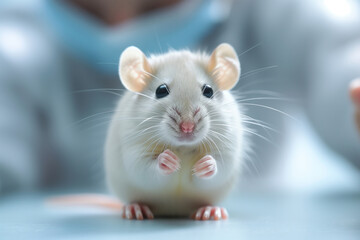 Cute little white rat on a background of blurred researcher, close-up