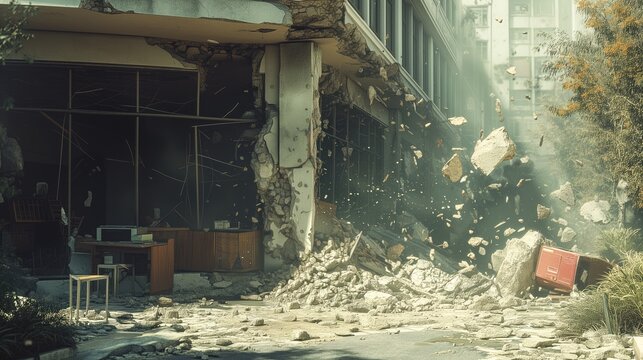 Earthquake Natural Disaster Scenario Concept, Emergency Preparedness Backdrop, City Street Damage, Building Structural Collapse, Urban Smoke and Fire