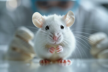White laboratory rat in a veterinary clinic, close-up. Concept of medicine, pets, animals.