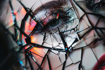 Fototapeta na wymiar An artistic portrayal of abstract makeup with a shattered glass effect and reflective metallic accents.