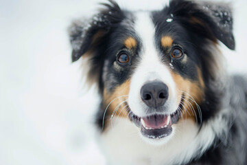 Close-up of an Austroian Shepherd looking at the camera, taken from above. A close-up of a cute Australian Shepherd is visible against a light background.