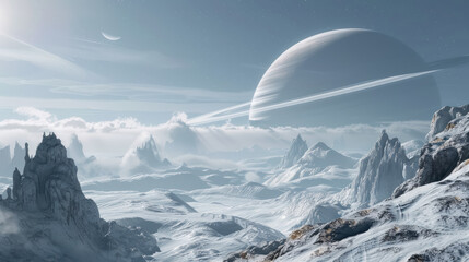 breathtaking icy landscape with extraterrestrial mountains and planetary rings