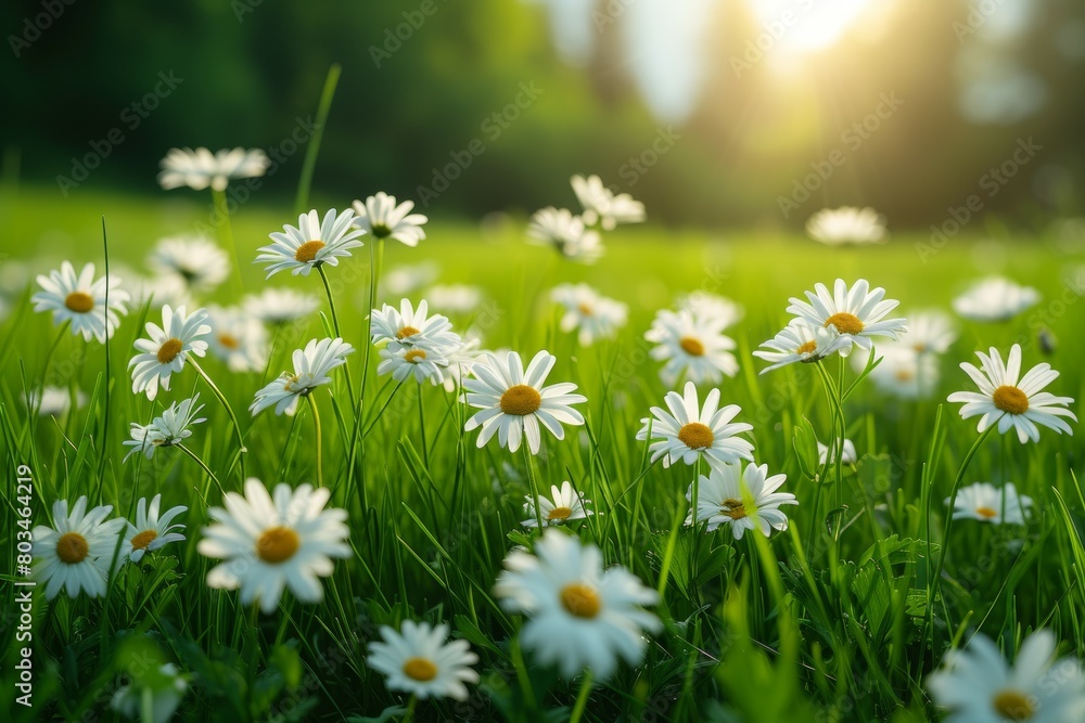 Poster chamomiles or daisies bloom in a field. background with selective focus and copy space