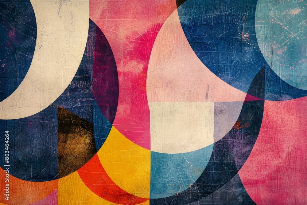 Wall mural A colorful abstract painting with a blue circle in the middle. Risograph effect, trendy riso style