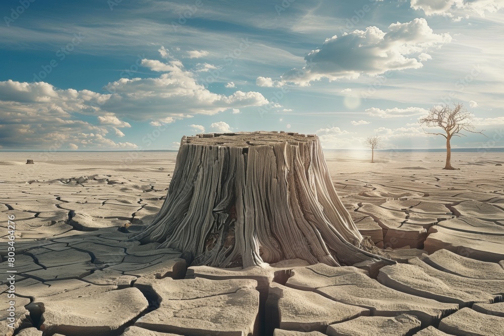 Poster stump from felled tree in drought concept. record summer heat. background of the consequences of env