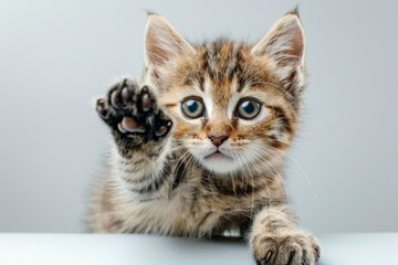 A kitten is playing with its paw and looking at the camera