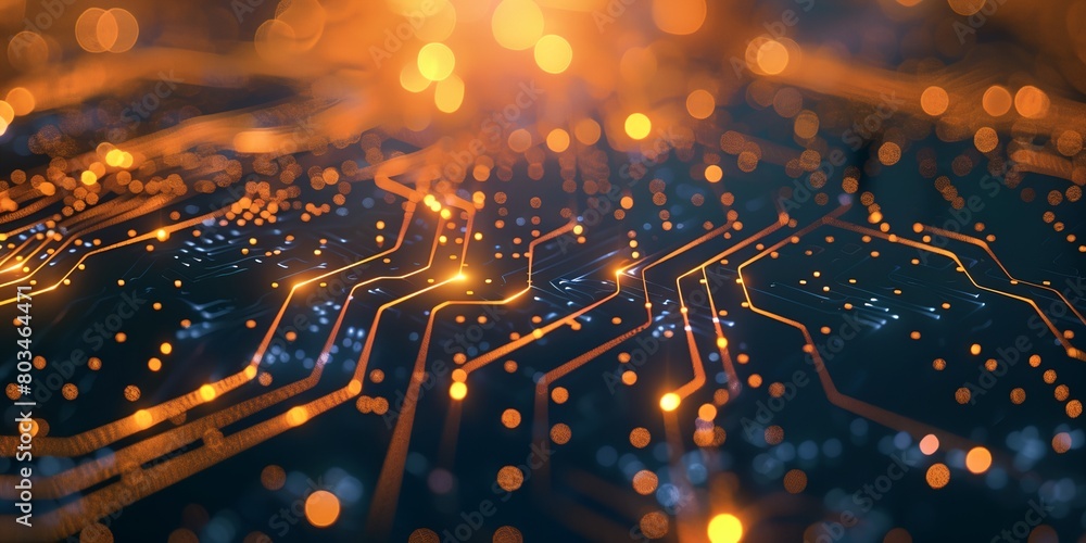 Poster a close up of a circuit board with lights on it and a blurry background of circles and dots