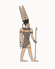 Ancient Egyptian god Amon with a staff in his hand. God of air and sun in Ancient Egypt. Mythical character of the ancient world in full growth.