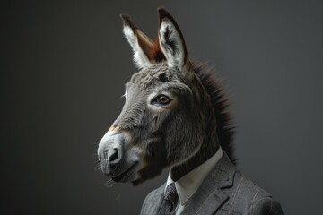 Anthropomorphic donkey in a suit. Metaphor for a politician from Democrats in the US Congress. Backdrop