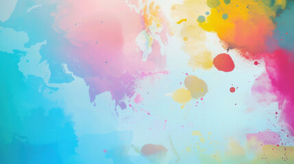 Abstract painting with blurred spots and droplets of different colors on a light background, creating a spilled paint effect