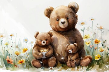 Toy bear family sits on the grass. Sunny flower lawn. Watercolor painting of mother and father bears with their cub.
