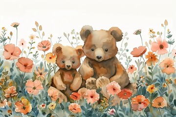 Toy bear family sits on the grass. Sunny flower lawn. Watercolor painting of mother and father bears or parent with his cub.
