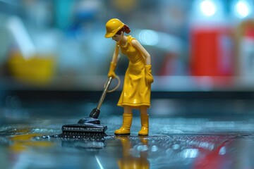 Fototapeta premium Miniature people cleaning the floor with a broom. Selective focus.