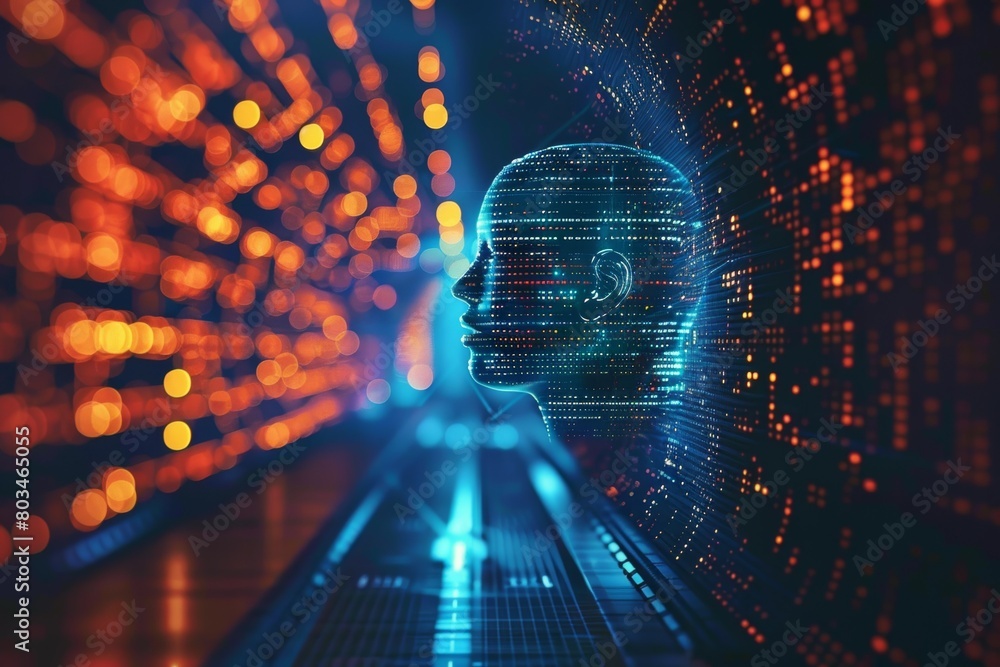 Poster a computer generated image of a head with a blue face and orange background