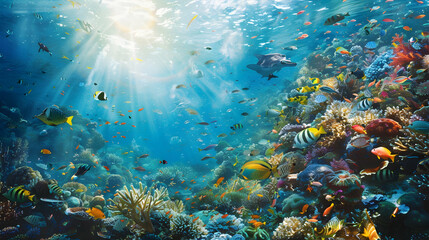 A close-up view of a coral reef teeming with colorful fish and marine life, captured in crystal-clear detail under the bright sun filtering through the water