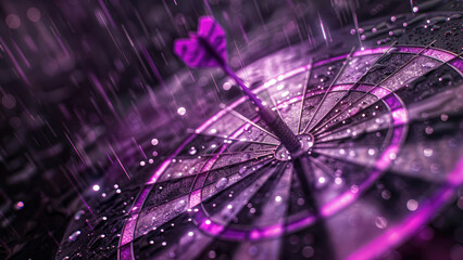 Rainy Bullseye: Darts Thrown into the Rain Amid Purple Light and Cinematic Raindrops