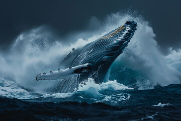 An awe-inspiring shot of a humpback whale breaching in the midst of stormy ocean waves, with the deep blue water creating a dramatic backdrop.