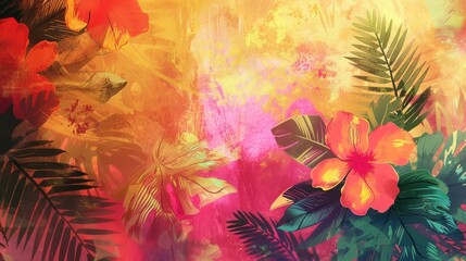 Abstract tropical floral background, vibrant watercolor effect.