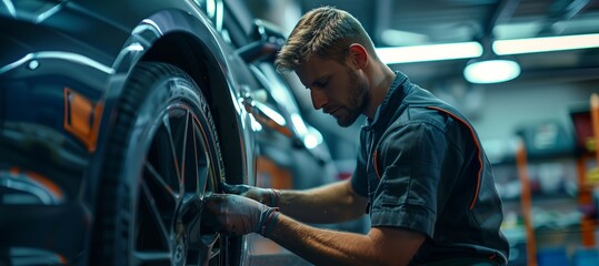 Fototapeta na wymiar a man working on a car wheel in a garage
